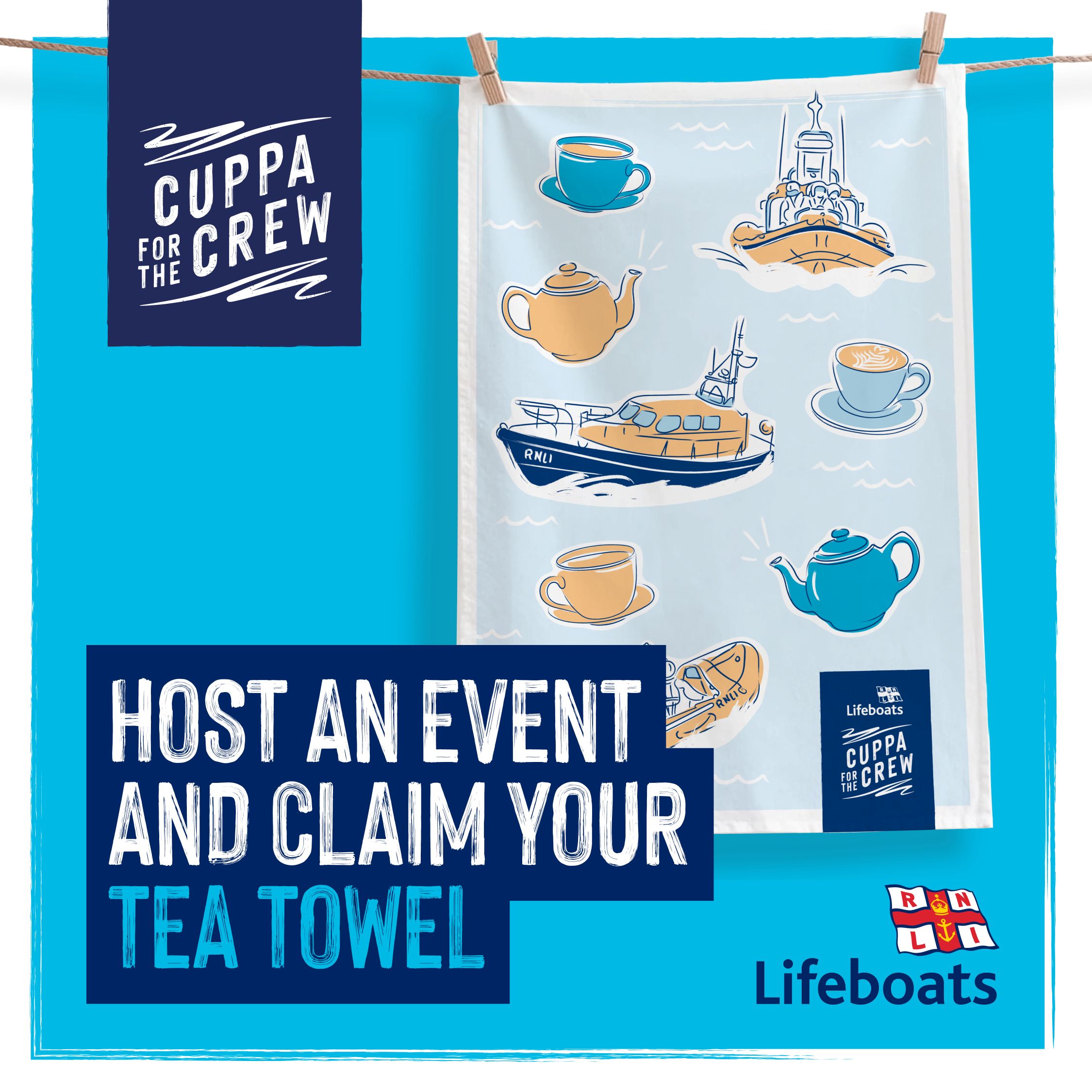 Illustrated RNLI tea towel showcasing lifeboats and tea cups as part of the Cuppa for the Crew campaign.