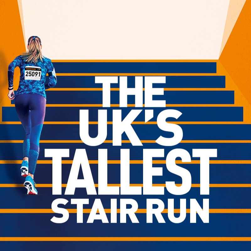 A woman running up stairs with 'The Uk's tallest stair run' overlayed onto the stairs.